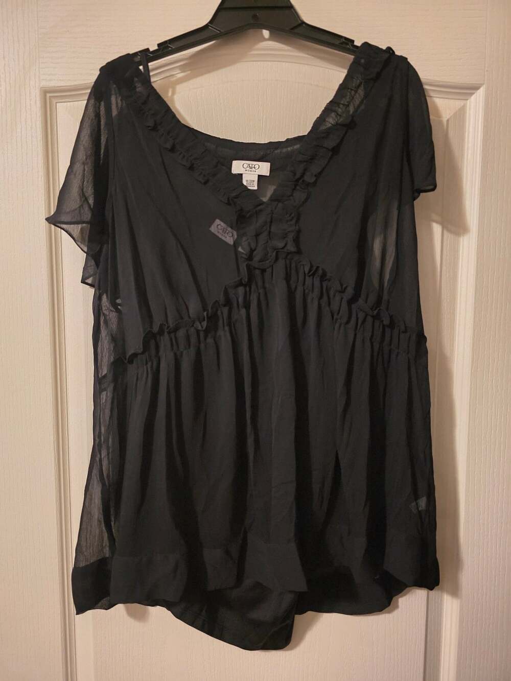 Cato Woman Black Sheer Ruffled V-Neck Blouse Top Size 18/20W